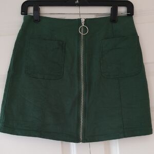 Blue Rain Dark Green Zip-Front Mini Skirt with Patch Pockets